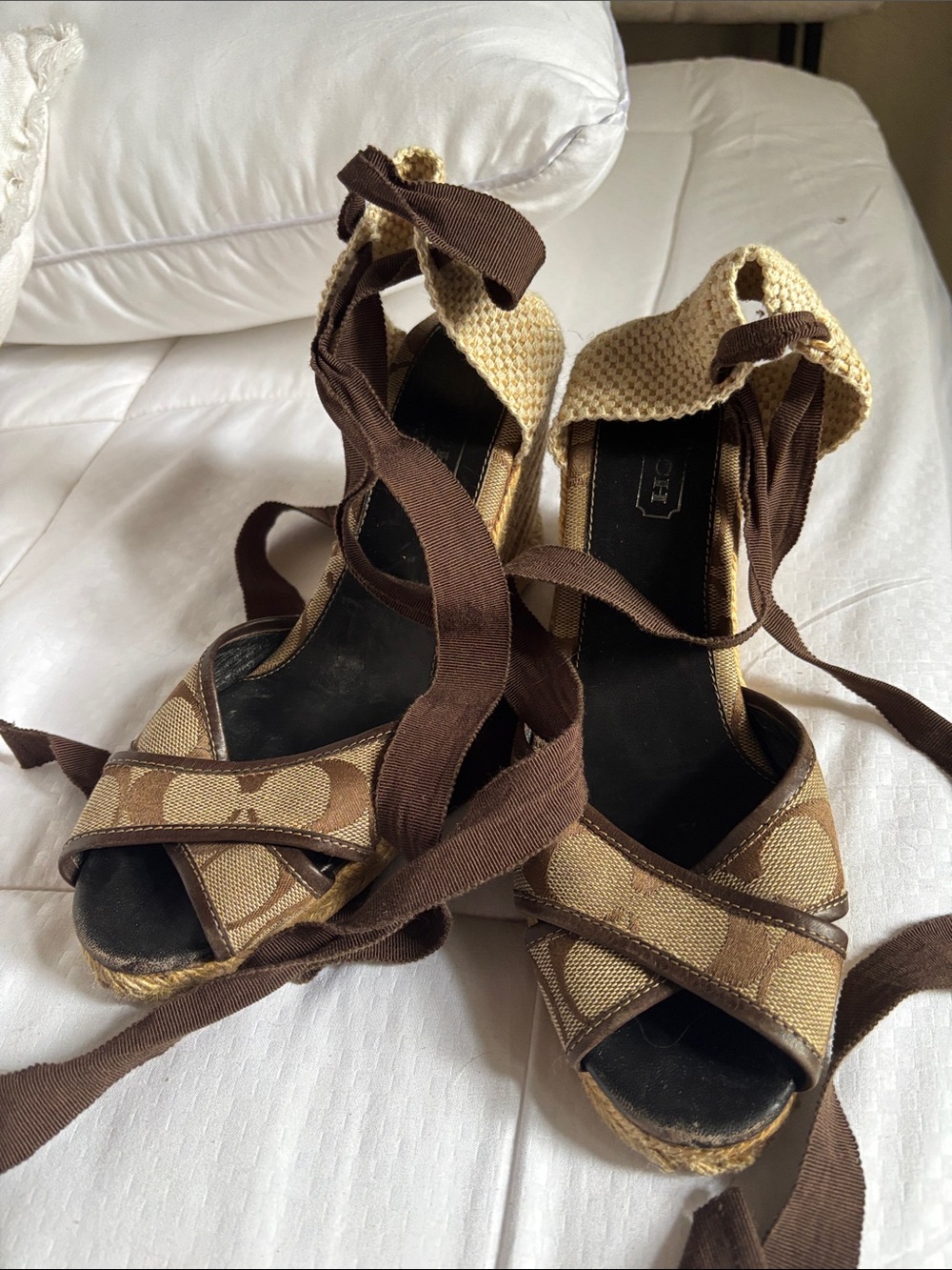 Coach Tan and Brown Signature Canvas Espadrille Wedges with Ankle Ties